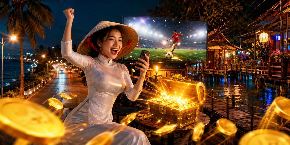 Người dùng đội nón lá tại Mũi Né kiểm tra hoàn tiền cashback VIP trên điện thoại tại bãi biển