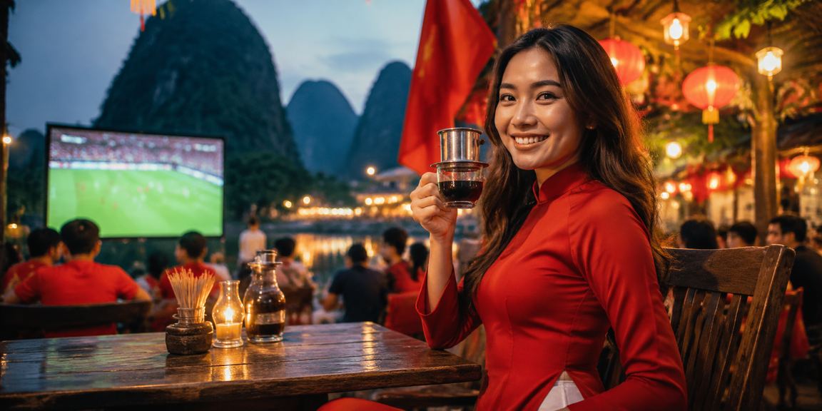 Người phụ nữ mặc áo dài tại Ninh Bình xem kết quả cược bóng đá trên điện thoại